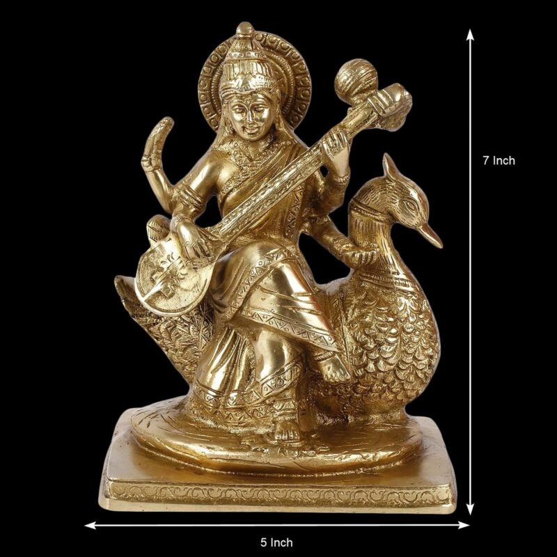 Brass Goddess Maa Saraswati on Swan Idol - Image 2