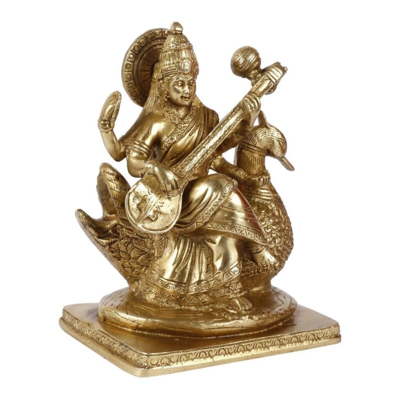 Brass Goddess Maa Saraswati on Swan Idol - Image 3
