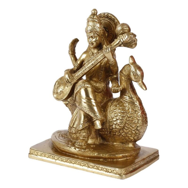 Brass Goddess Maa Saraswati on Swan Idol - Image 4