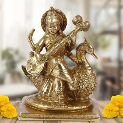 Brass Goddess Maa Saraswati on Swan Idol