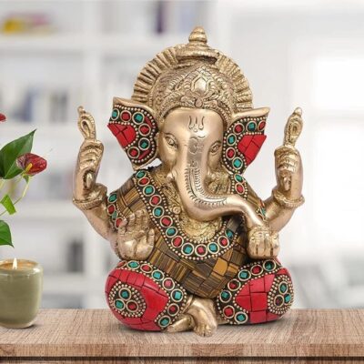 Brass Lord Ganesha Brass Statue Sitting Sculpture Home Décor 5.5 Inch