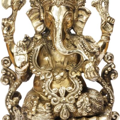 Brass Mangalkari Ganesha Sitting on Lotus for Home Entrance Decor Idol Gift Puja 12 Inches