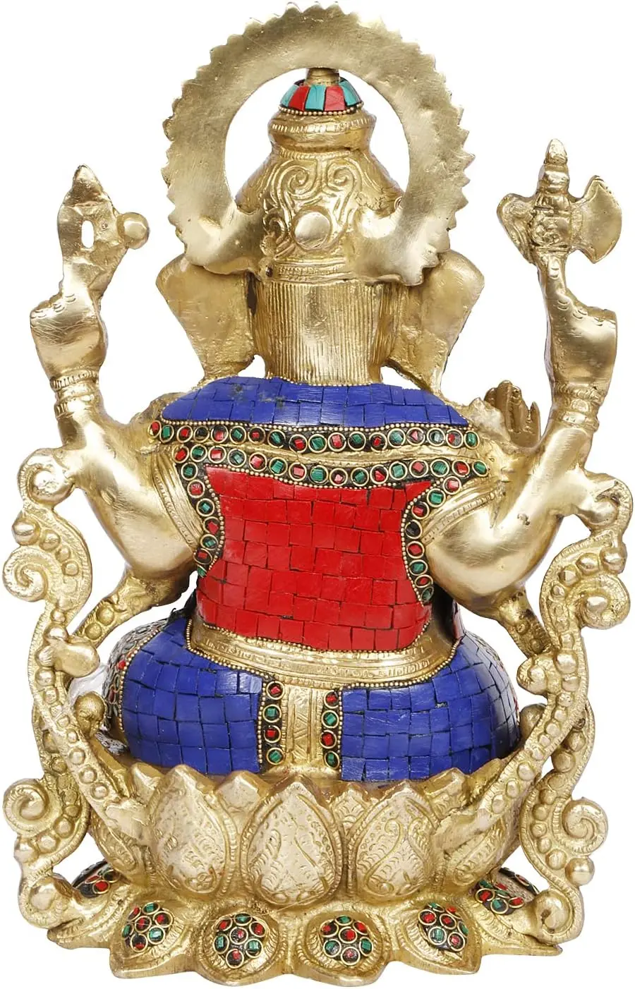 Large Brass Ganesha Idol Mangalkari Idol Sitting on Colored Stone Decorated Lotus Height 12 Inches - Image 4