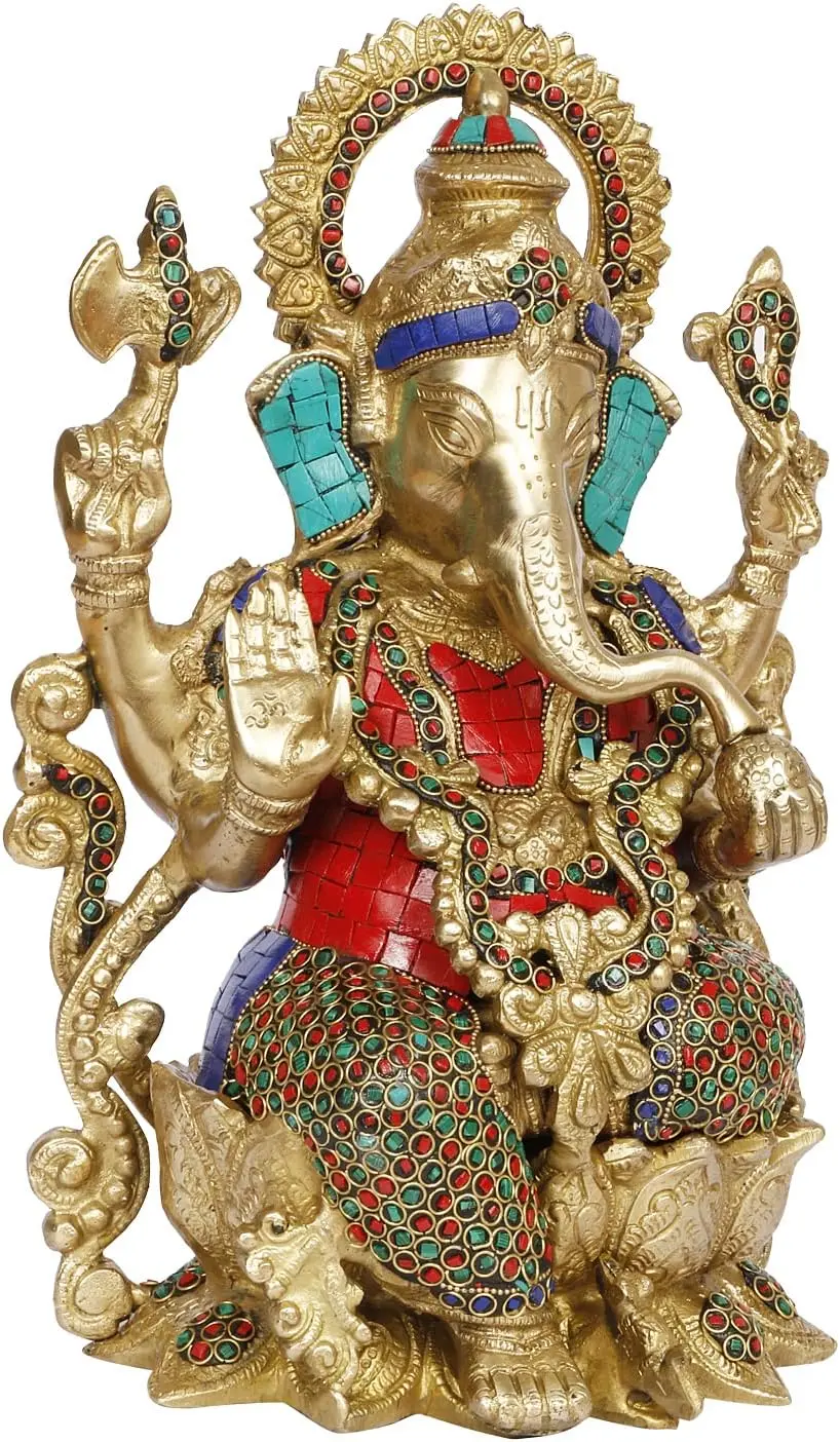 Large Brass Ganesha Idol Mangalkari Idol Sitting on Colored Stone Decorated Lotus Height 12 Inches - Image 2