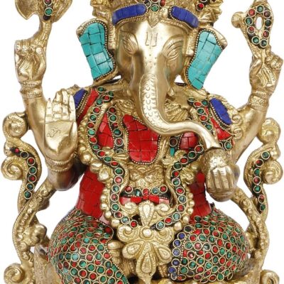 Large Brass Ganesha Idol Mangalkari Idol Sitting on Colored Stone Decorated Lotus Height 12 Inches