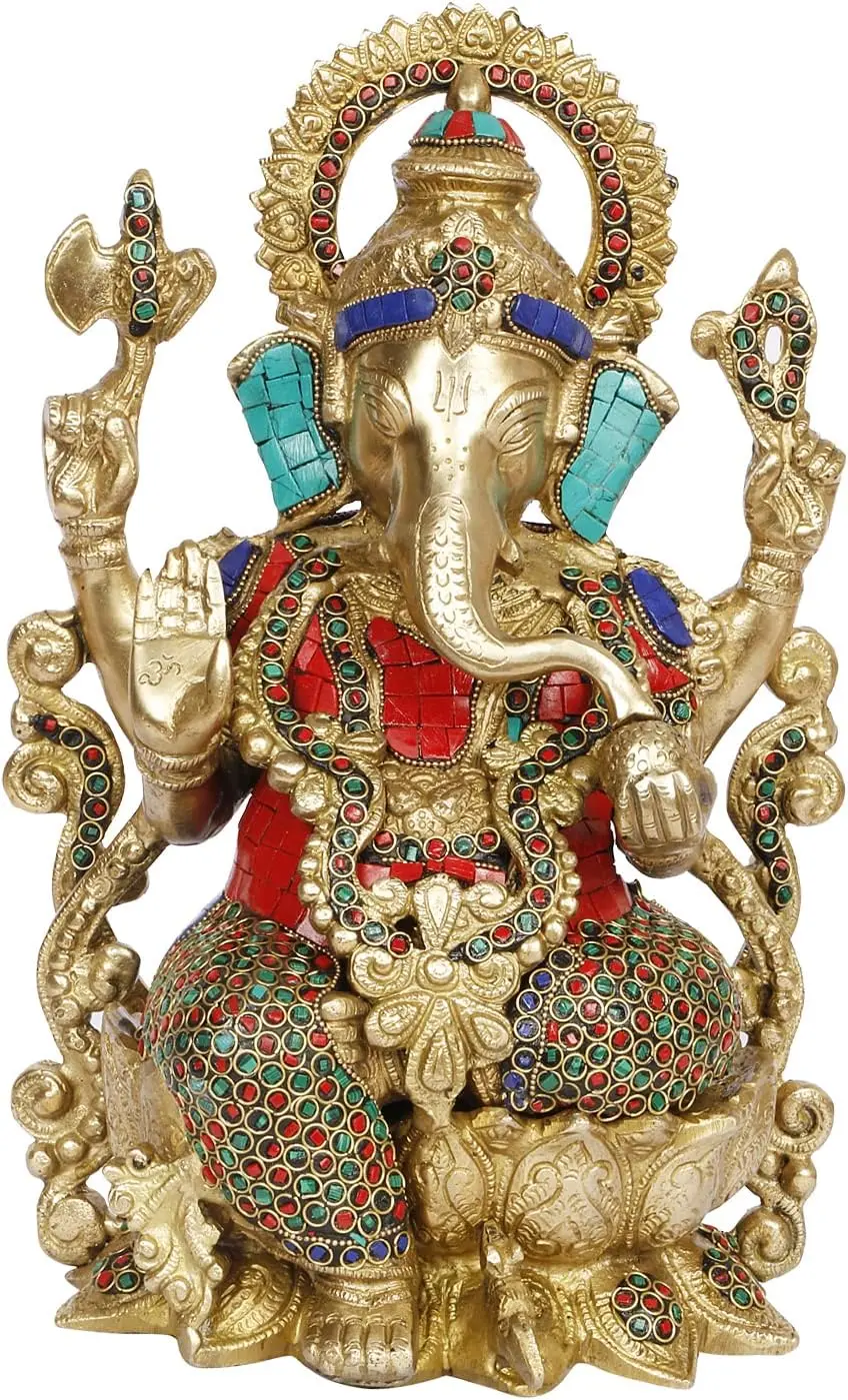 Large Brass Ganesha Idol Mangalkari Idol Sitting on Colored Stone Decorated Lotus Height 12 Inches