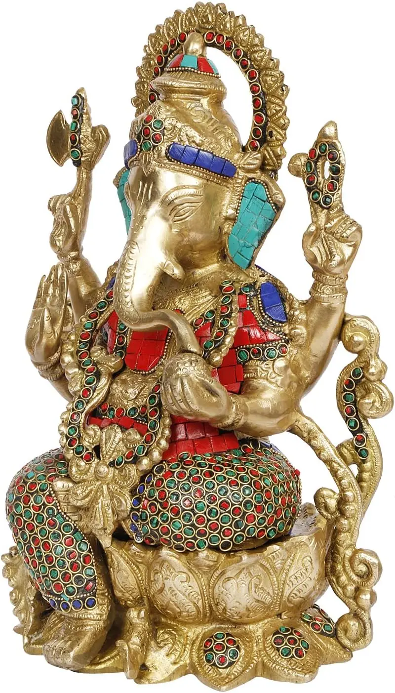 Large Brass Ganesha Idol Mangalkari Idol Sitting on Colored Stone Decorated Lotus Height 12 Inches - Image 3